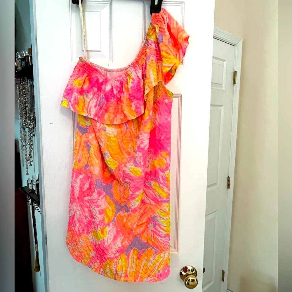 EUC Lilly Pulitzer Emmeline One-Shoulder Dress in Sun Splashed print. Large.